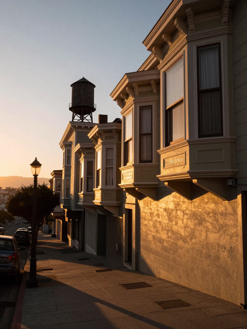 Sunset Street Scene in San Francisco with Rooftop Water Tower and Urban Details in in San Francisco, California, United States
