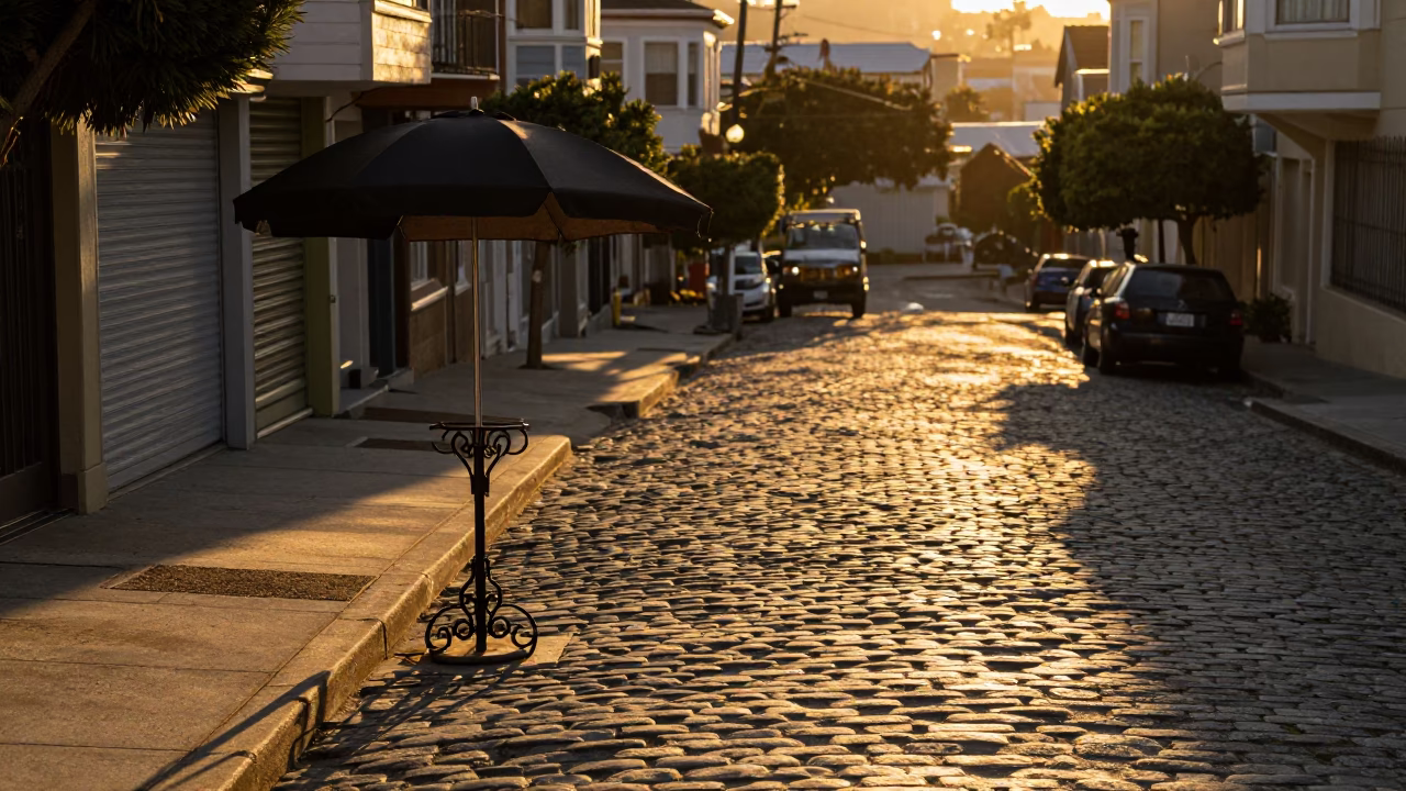Sunset Street Scene in San Francisco with Umbrella Stand and Work Stool in in San Francisco, California, United States