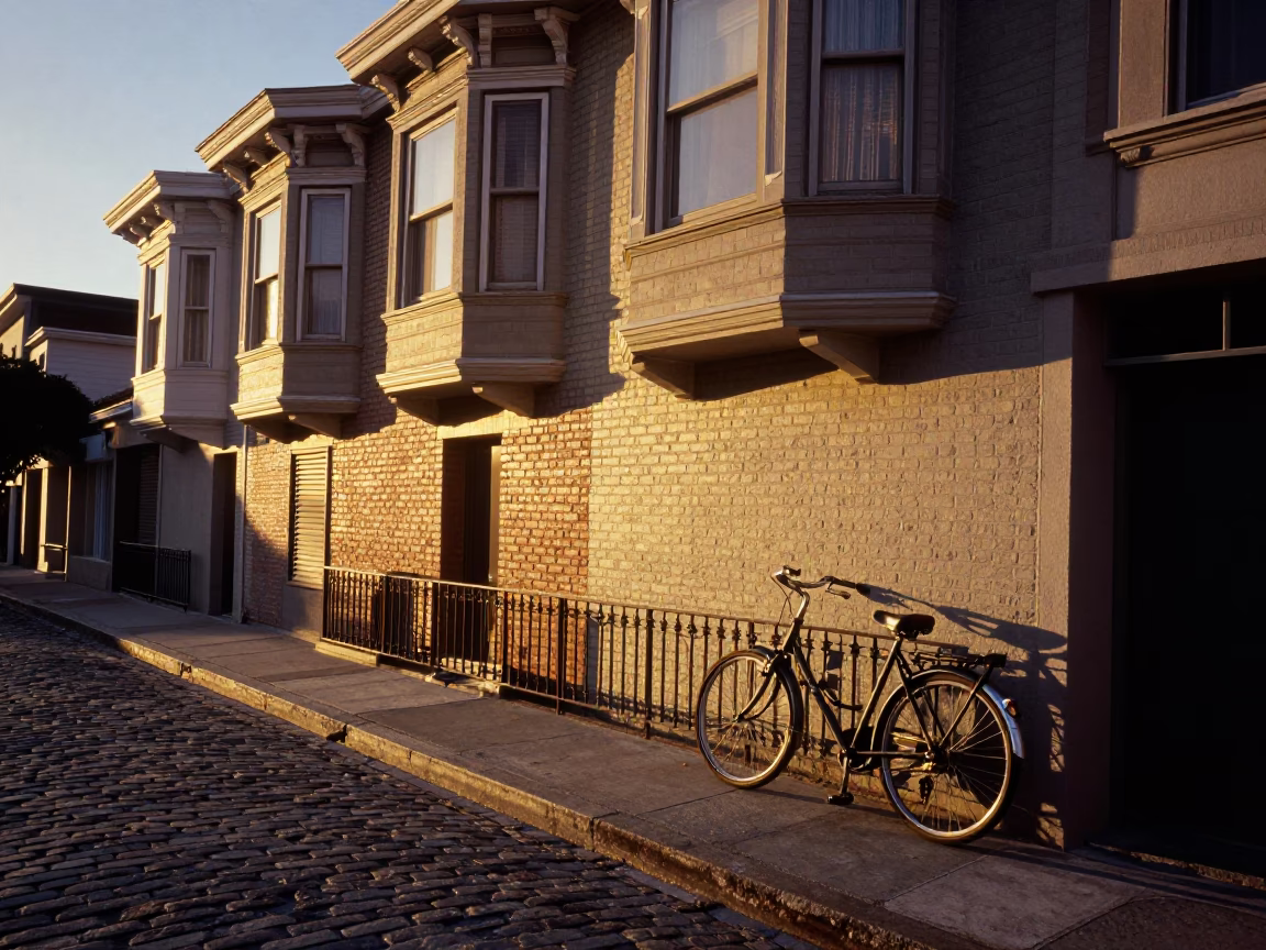 Sunset Street Scene in San Francisco with Vintage Bicycle and Urban Details in in San Francisco, California, United States