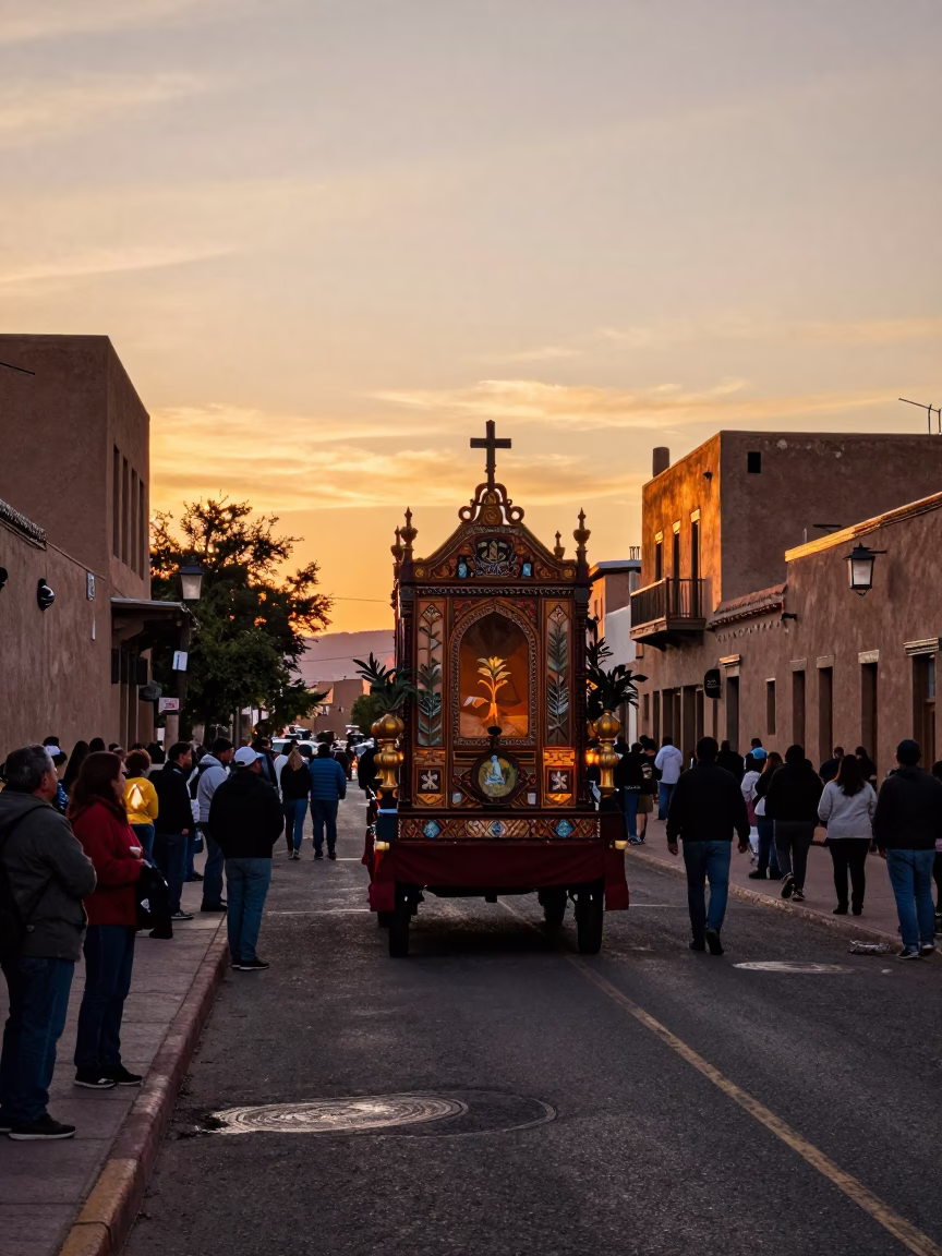 Sunset Street Scene in Santa Fe New Mexico Featuring Processional Float and Sage Leaves in in Santa Fe, New Mexico, United States