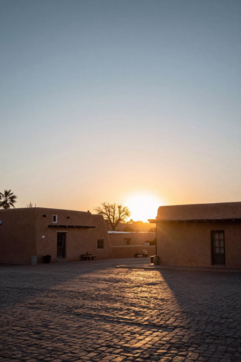Sunset Street Scene in Santa Fe New Mexico with Adobe Architecture and Local Commerce in in Santa Fe, New Mexico, United States