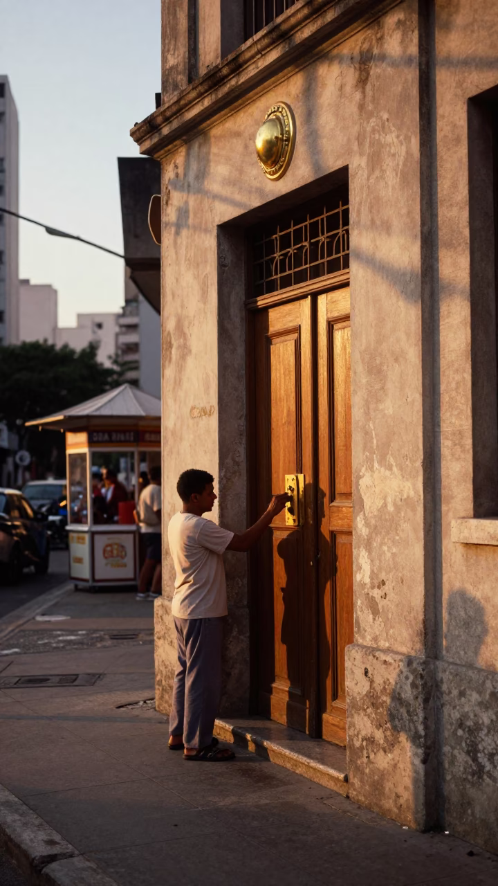 Sunset Street Scene in São Paulo Brazil with Brass Escutcheon Detail in in São Paulo, Brazil