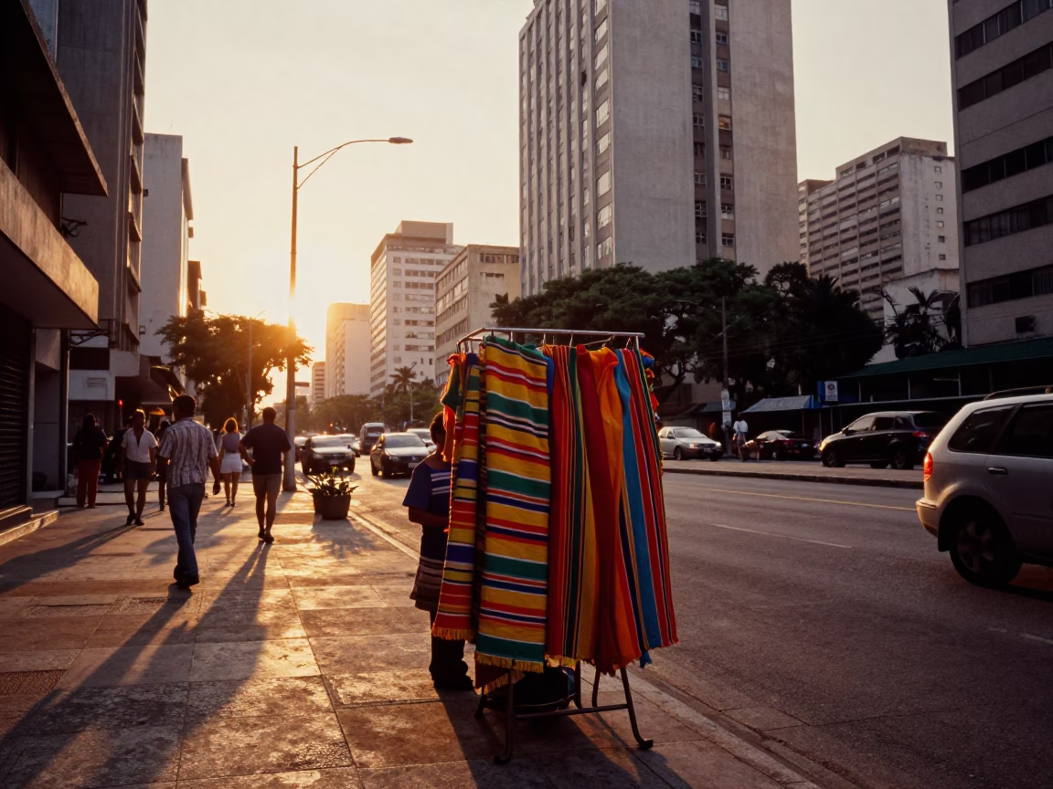 Sunset Street Scene in São Paulo Brazil with Colorful Fabric and Urban Activity in in São Paulo, Brazil