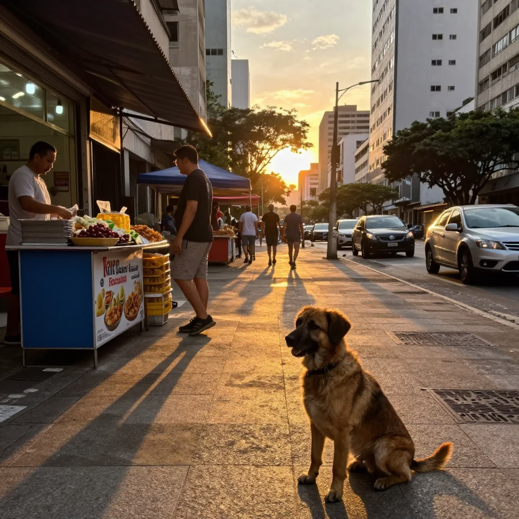 Sunset Street Scene in São Paulo Brazil with Local Food and Dog in in São Paulo, Brazil