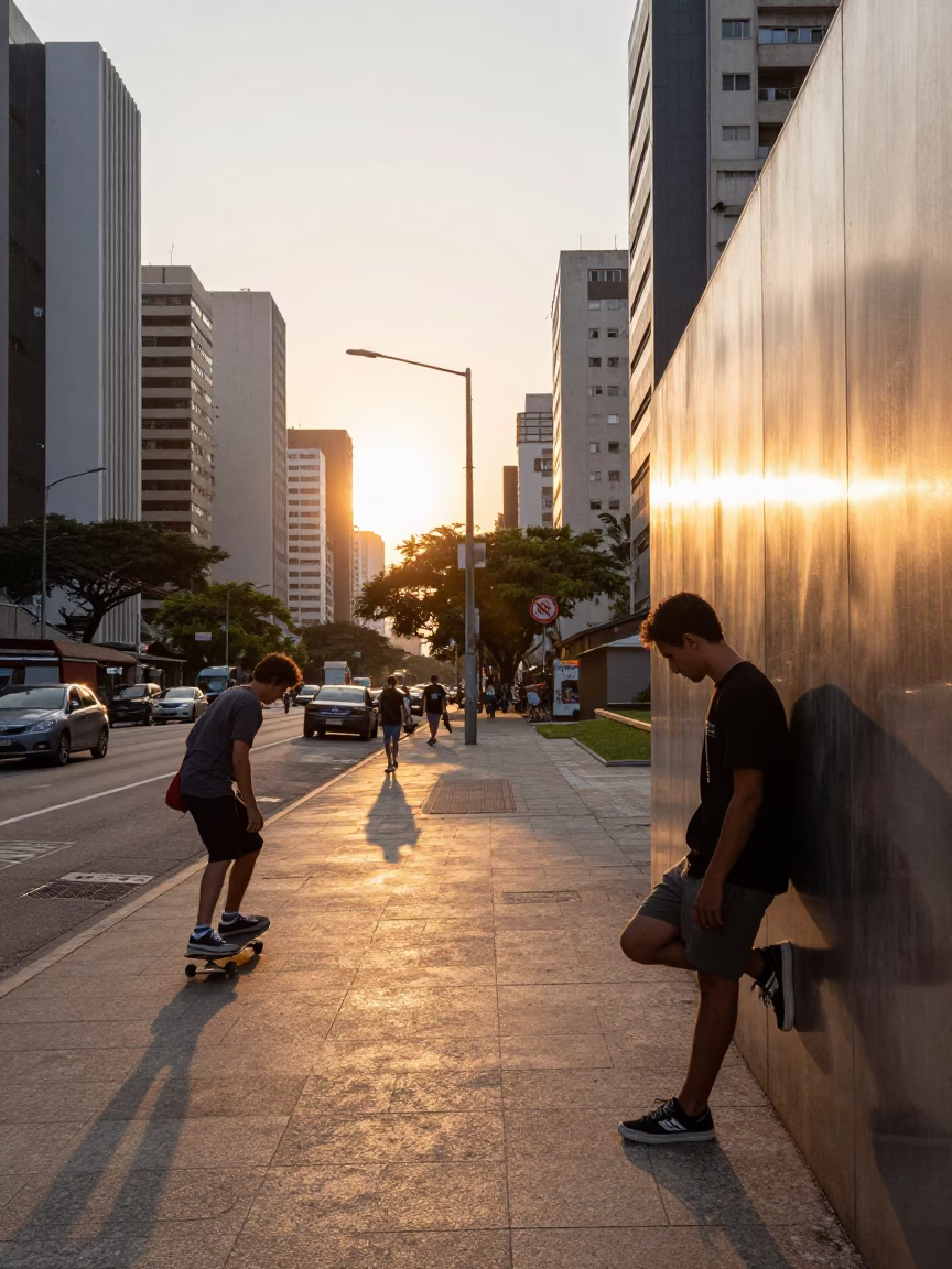 Sunset Street Scene in São Paulo Brazil with Skateboarder and Brushed Steel Wall in in São Paulo, Brazil