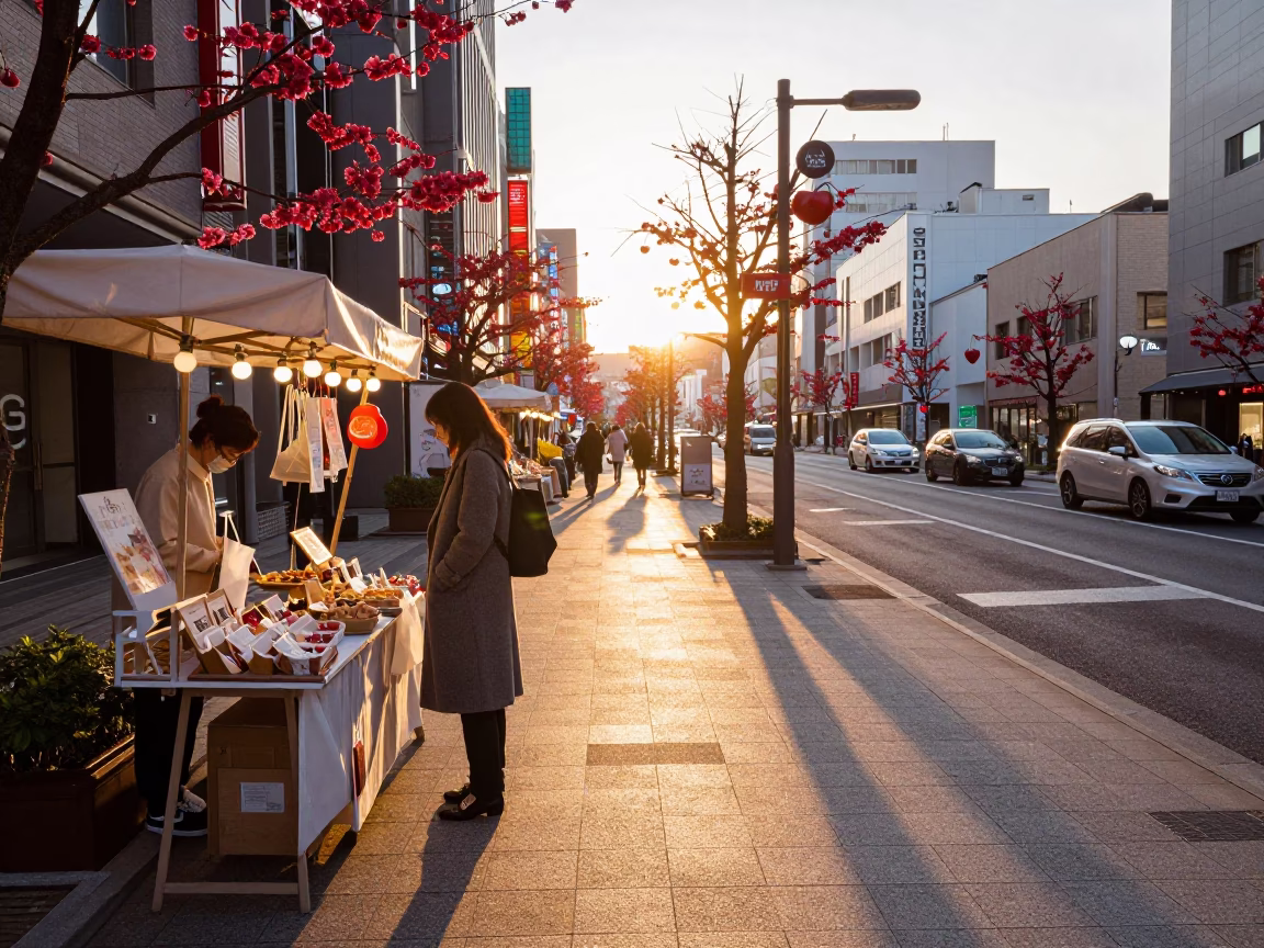 Sunset Street Scene in Sapporo Japan with Cherries and American Bobtail Cat in in Sapporo, Japan