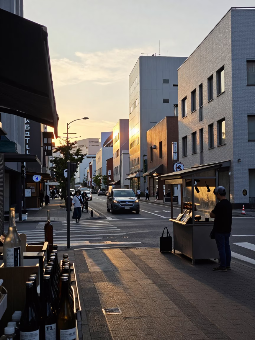 Sunset Street Scene in Sapporo Japan with Glass Bottles and Local Life in in Sapporo, Japan