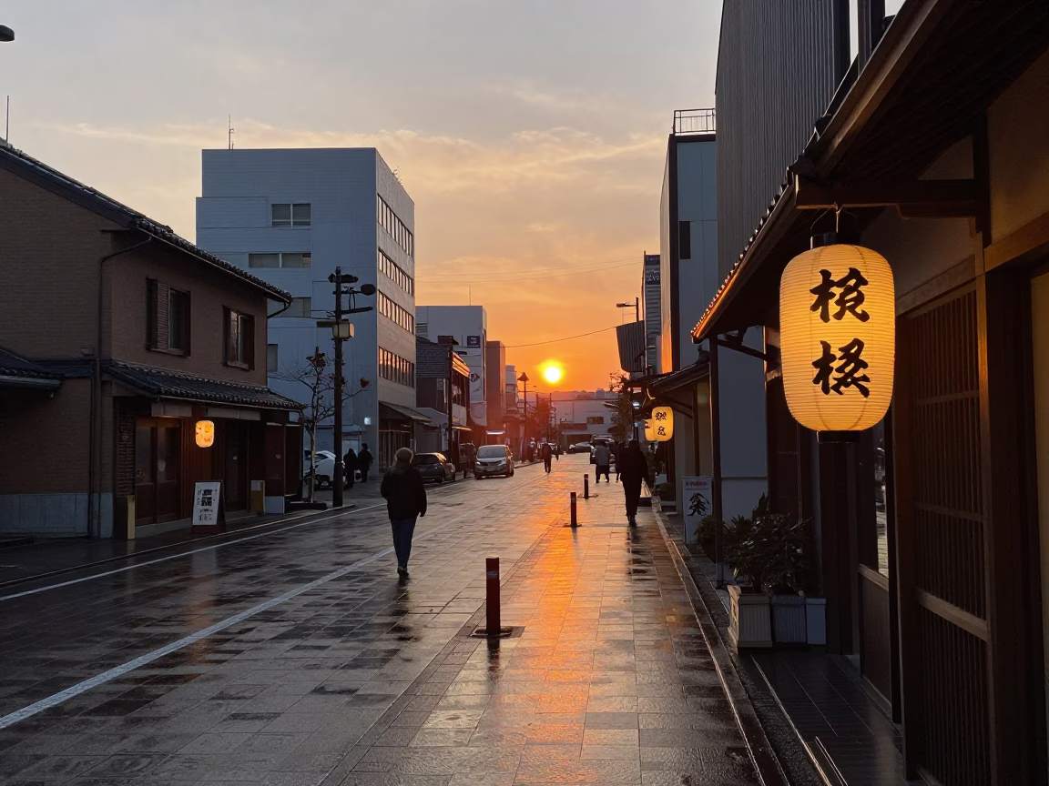 Sunset Street Scene in Sapporo Japan with Traditional Lantern and Urban Details in in Sapporo, Japan