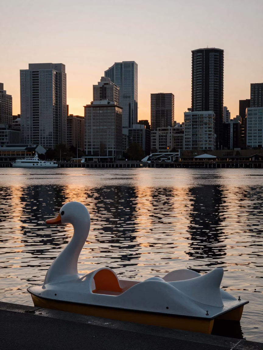 Sunset Street Scene in Seattle Washington with Pedal Boat and Urban Elements in in Seattle, Washington, United States
