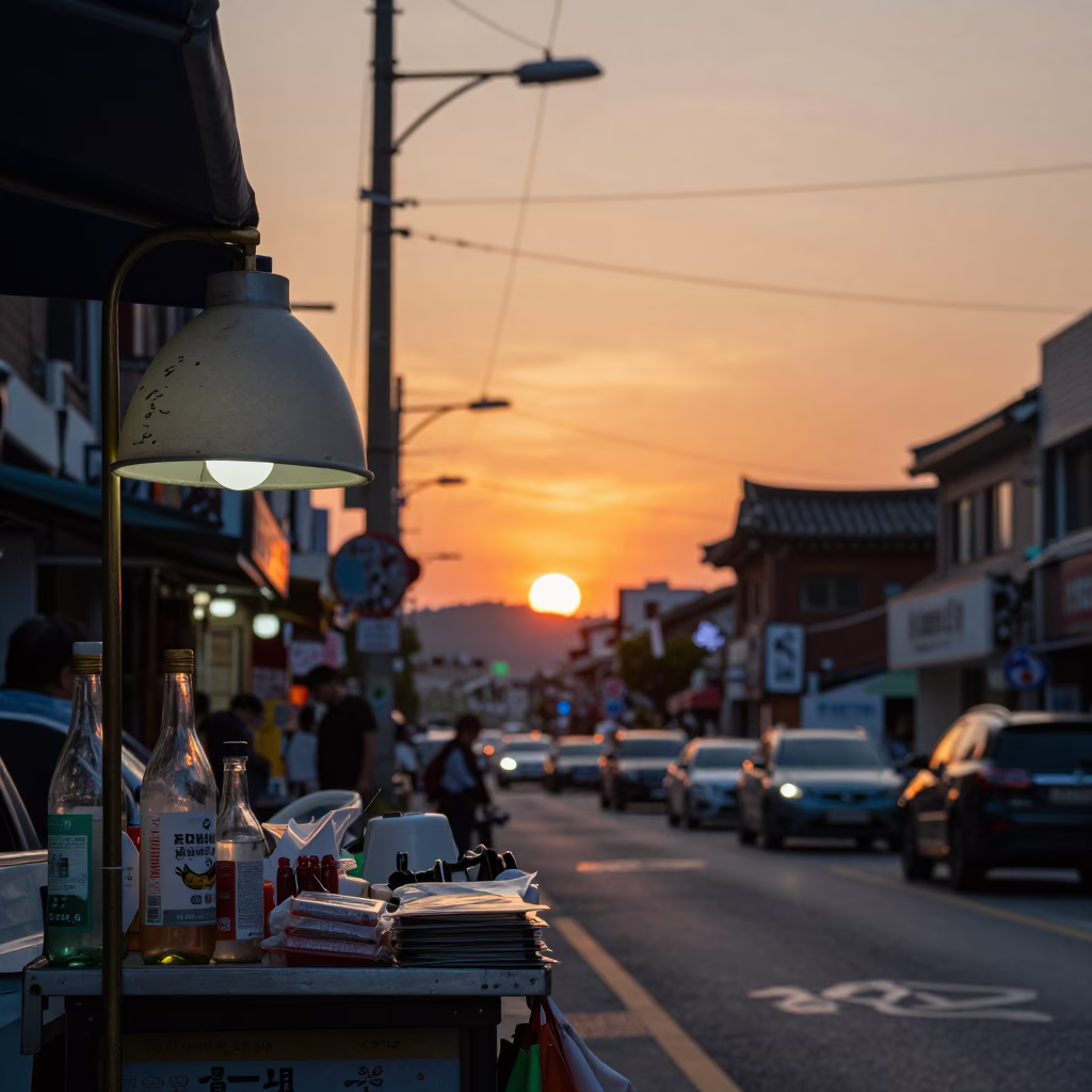 Sunset street scene in Seoul South Korea with bottle and lampshade in in Seoul, South Korea