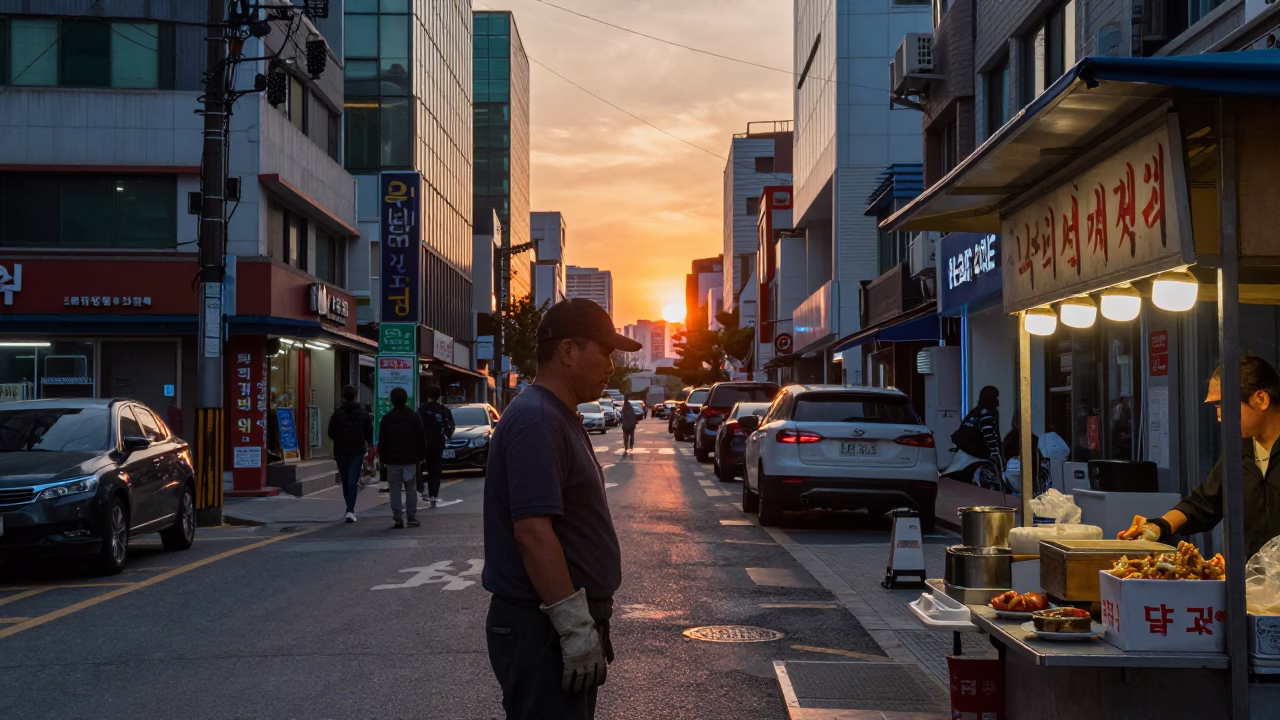 Sunset Street Scene in Seoul South Korea with Worker and Traditional Food in in Seoul, South Korea