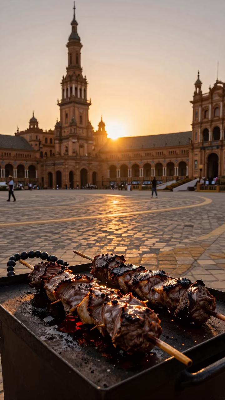 Sunset Street Scene in Seville Spain with Anticuchos and Prayer Beads in in Seville, Spain