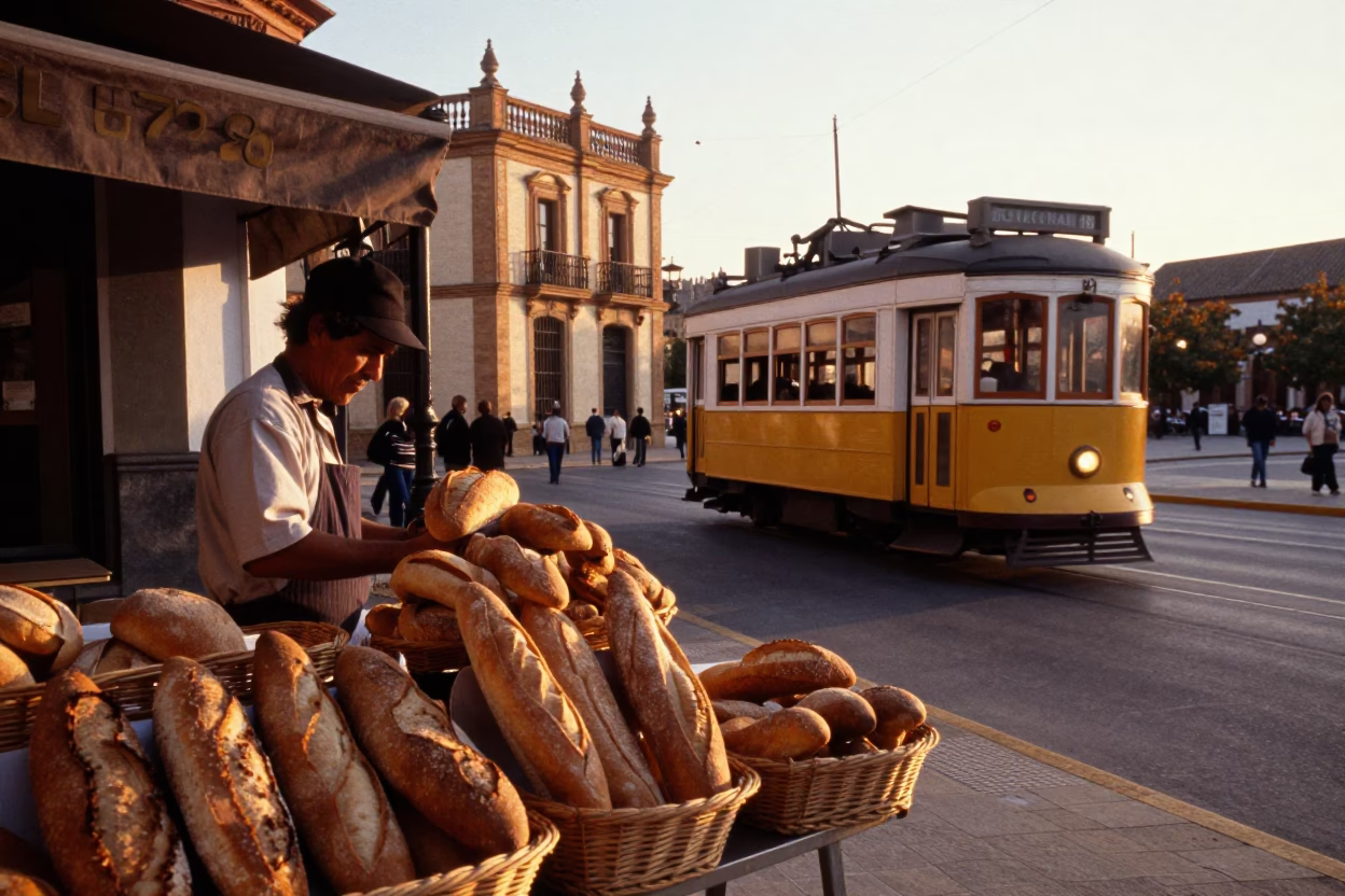 Sunset Street Scene in Seville Spain with Bread Loaves and Heritage Tram in in Seville, Spain