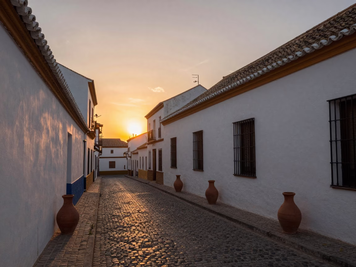 Sunset Street Scene in Seville Spain with Clay Pots and Traditional Architecture in in Seville, Spain