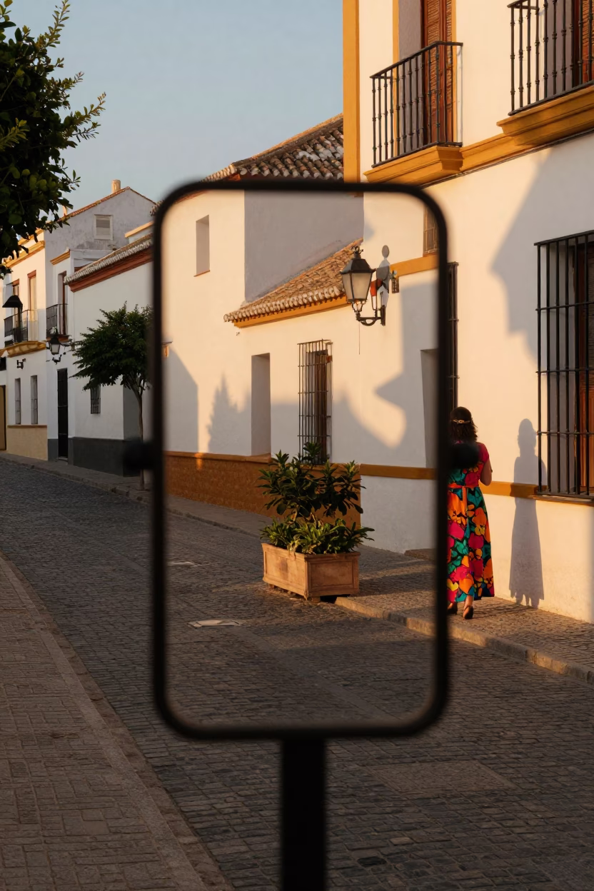 Sunset Street Scene in Seville Spain with Hand Mirror Reflection and Prickly Pear Cactus in in Seville, Spain