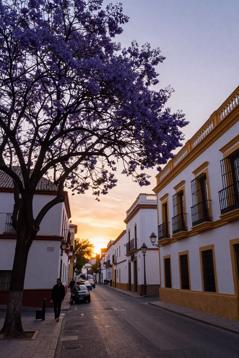 Sunset Street Scene in Seville Spain with Jacaranda Tree and Traditional Architecture in in Seville, Spain
