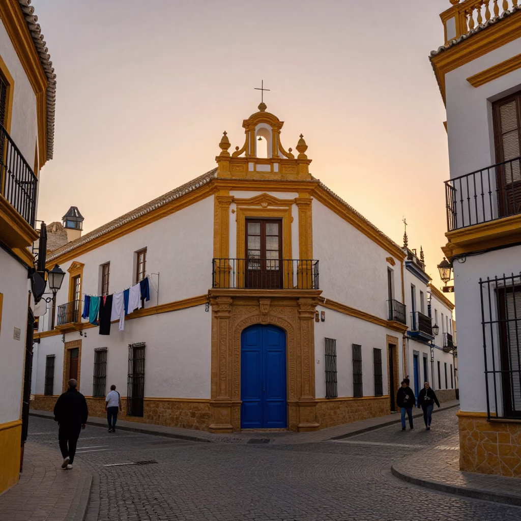 Sunset Street Scene in Seville Spain with Laundry and Traditional Architecture in in Seville, Spain
