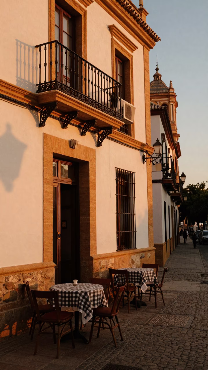 Sunset Street Scene in Seville Spain with Local Cafe Sidewalk Dining and Architectural Details in in Seville, Spain