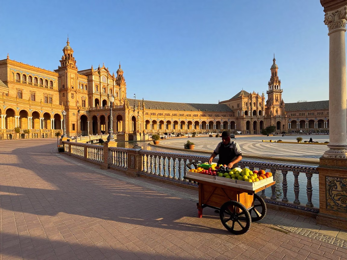 Sunset Street Scene in Seville Spain with Rolling Carts and Historic Architecture in in Seville, Spain