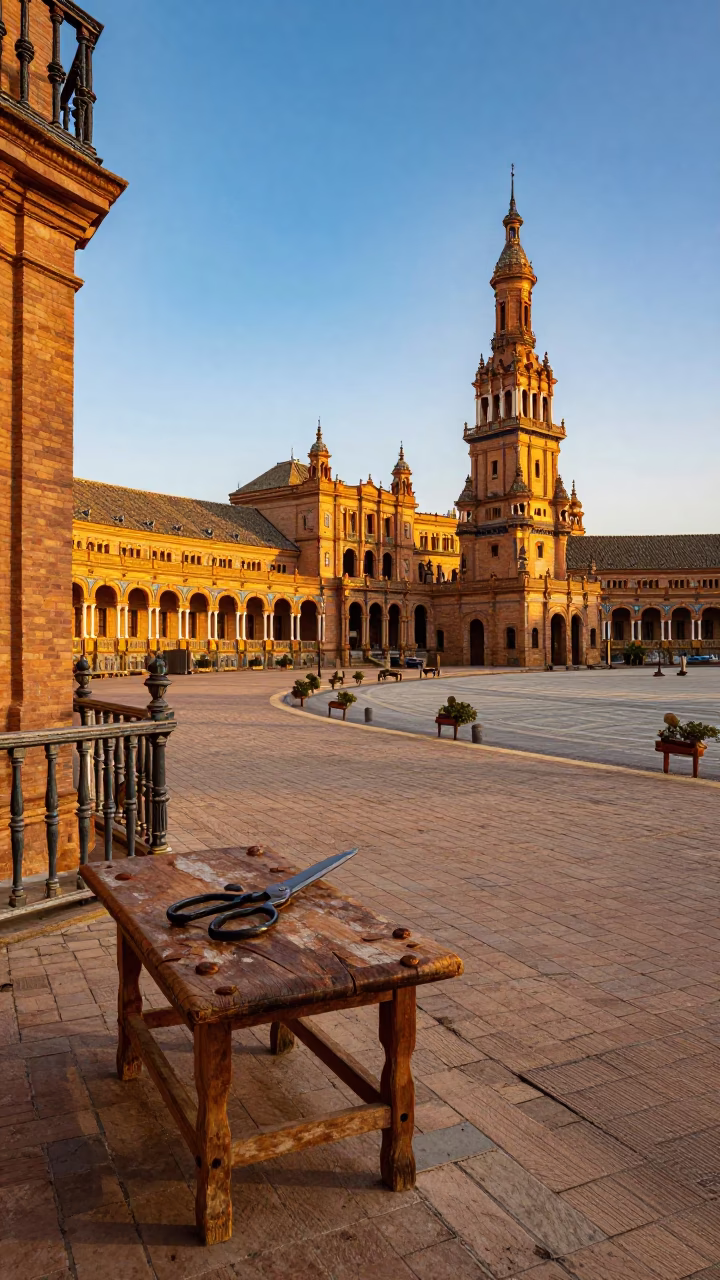 Sunset Street Scene in Seville Spain with Tailor Shears on Wooden Table in in Seville, Spain