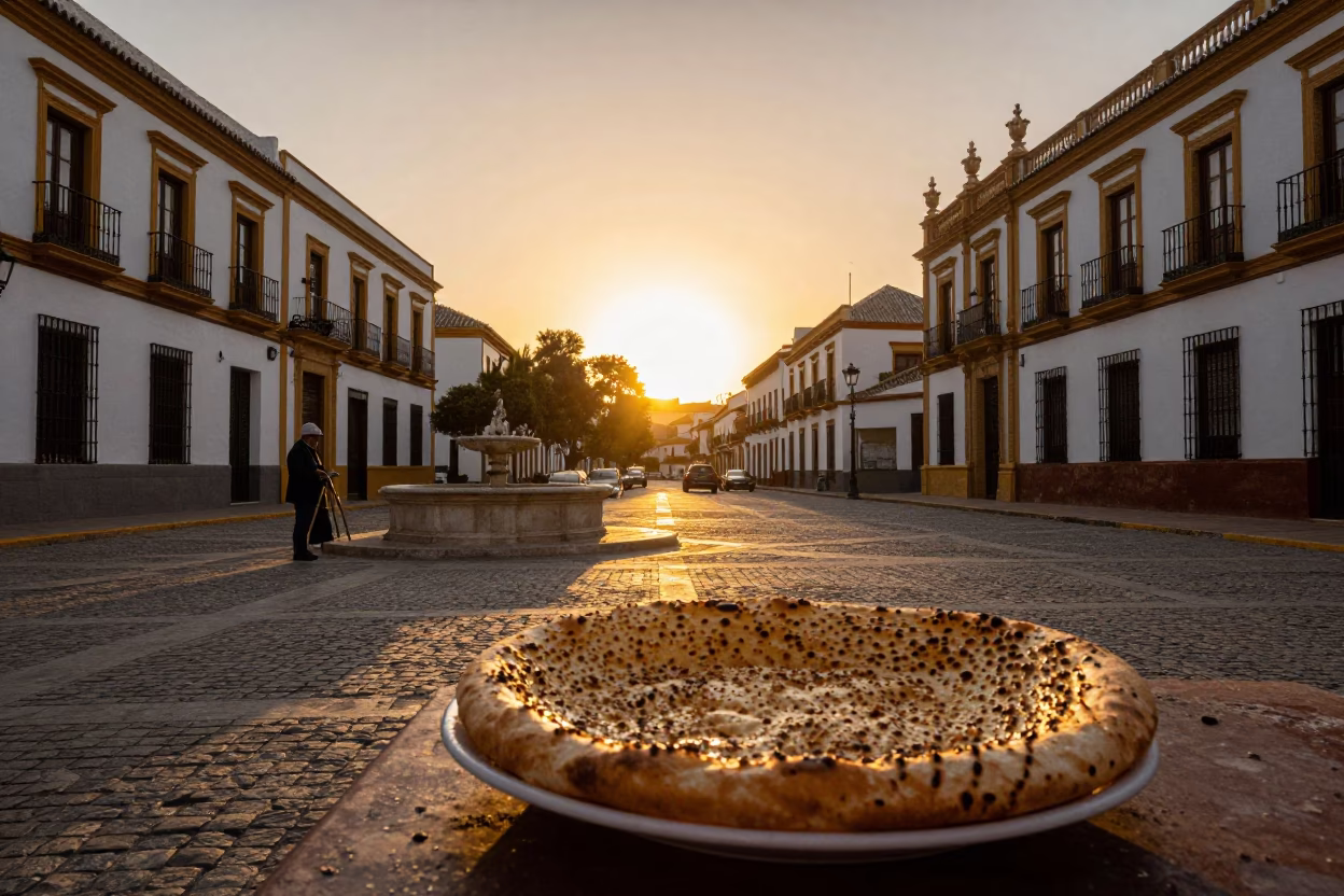 Sunset Street Scene in Seville Spain with Traditional Manakeesh Plate and Local Market Interaction in in Seville, Spain