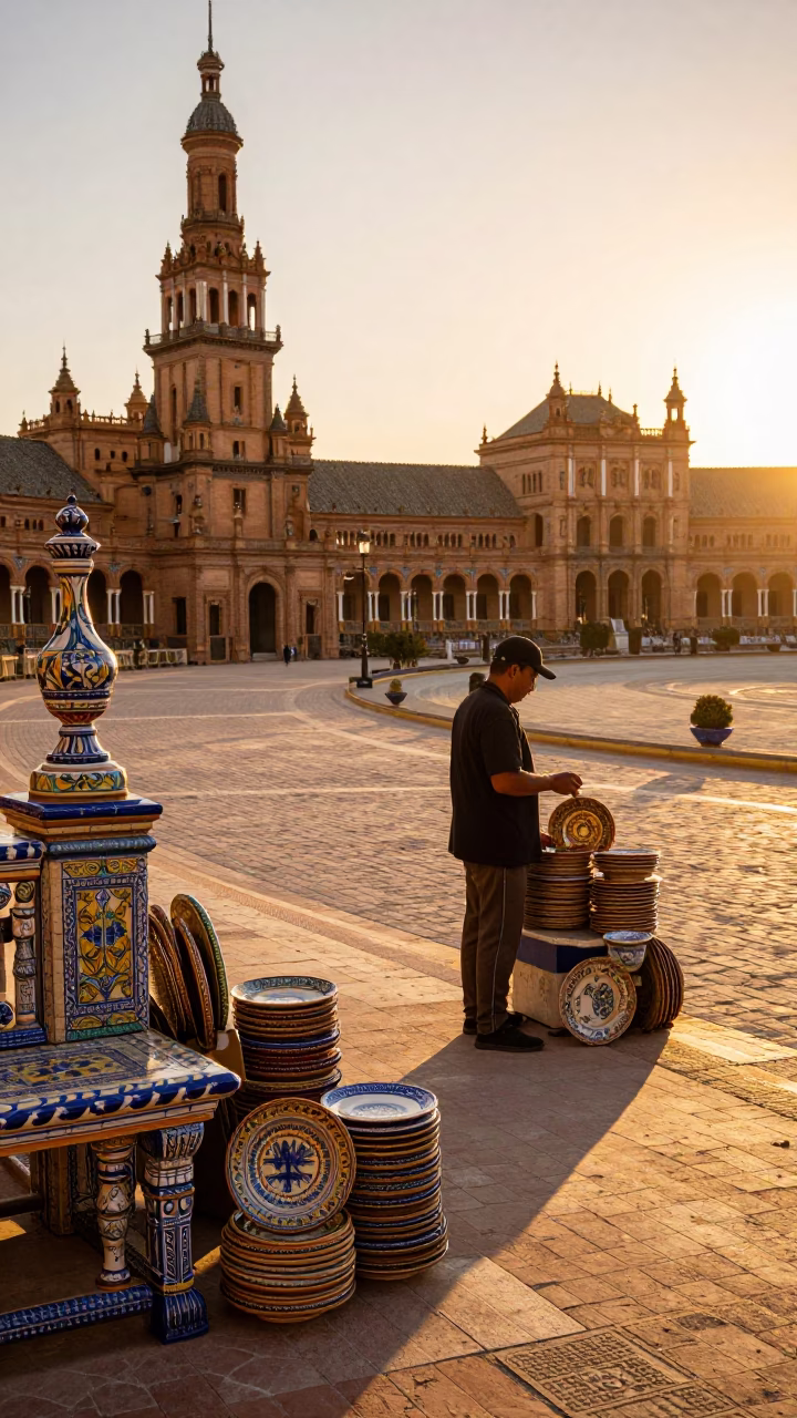 Sunset Street Scene in Seville Spain with Vintage Majolica Plate and Brooms in in Seville, Spain