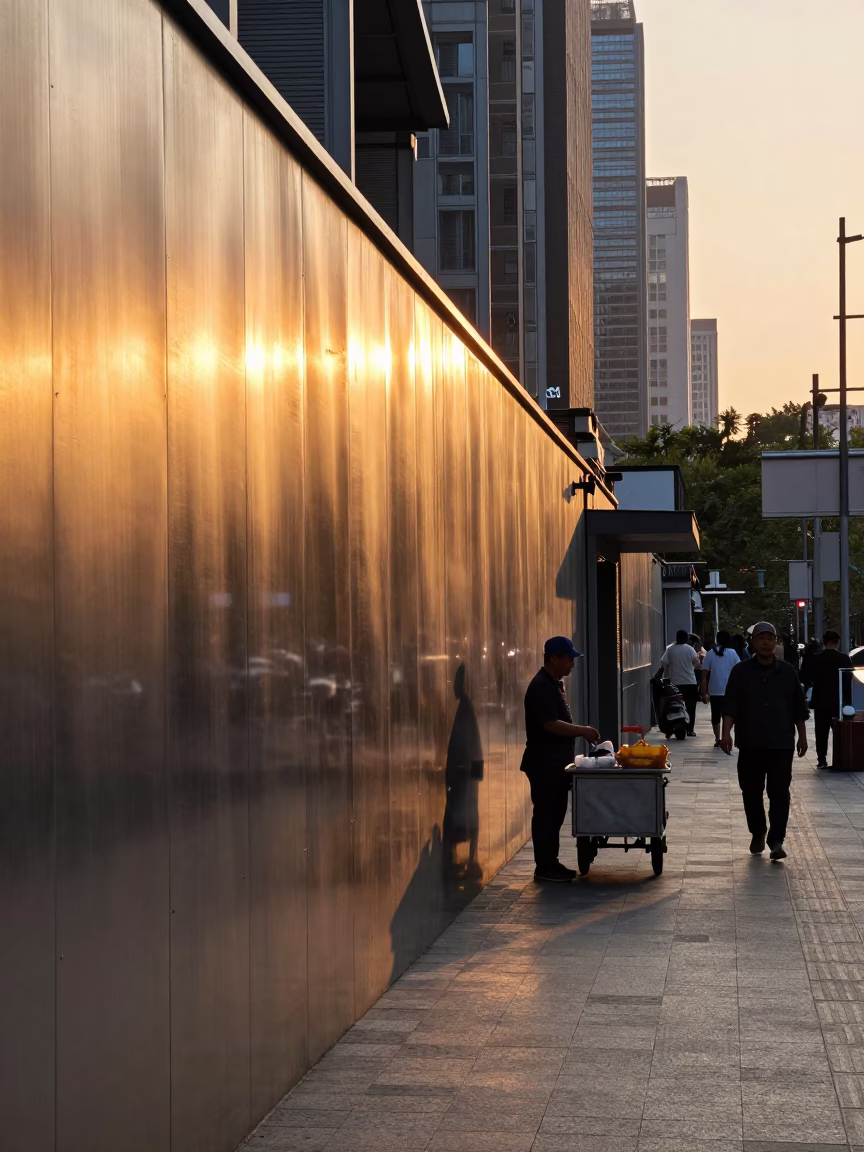 Sunset Street Scene in Shanghai China with Brushed Steel Wall and Jar in in Shanghai, China