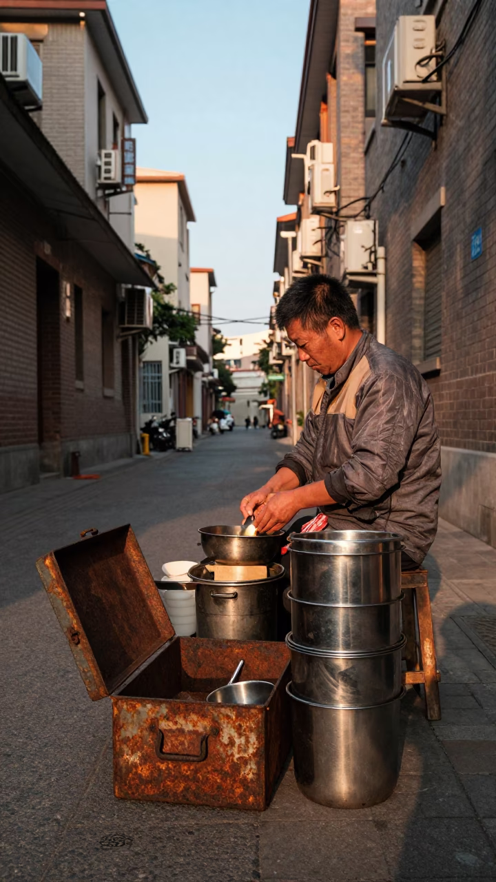 Sunset Street Scene in Shanghai China with Rusty Toolbox and Mixing Bowls in in Shanghai, China