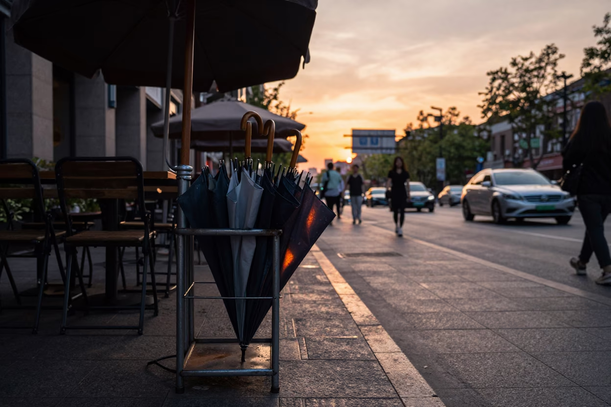 Sunset Street Scene in Shanghai China with Umbrella Stand and Folding Chair in in Shanghai, China