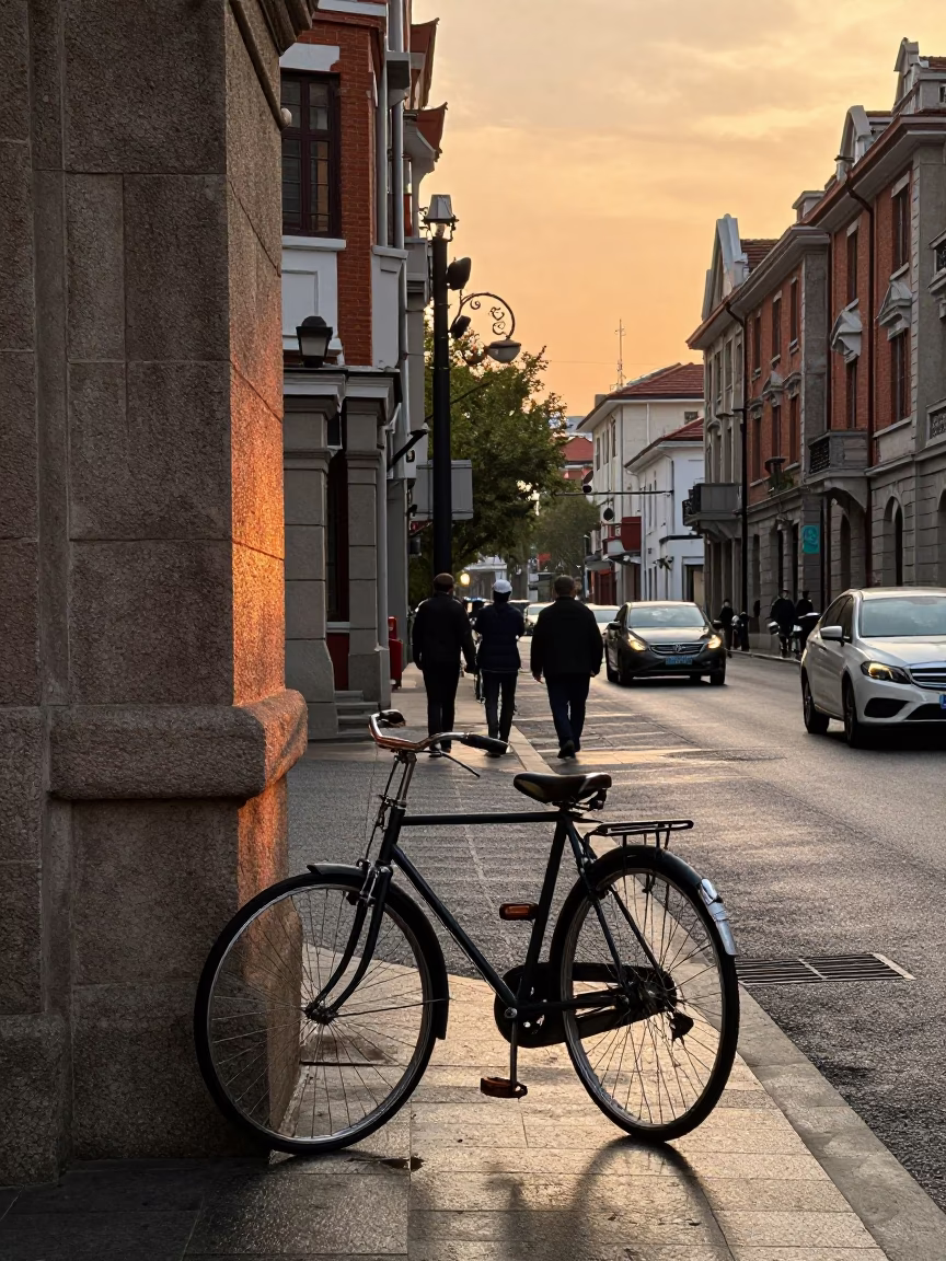 Sunset Street Scene in Shanghai China with Vintage Bicycle and Urban Details in in Shanghai, China