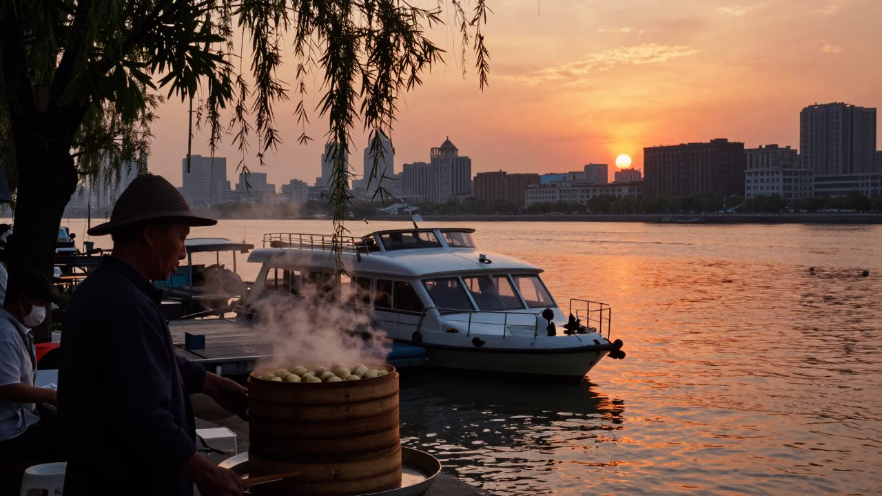 Sunset Street Scene in Shanghai with Water Taxi and Bamboo Steamer in in Shanghai, China