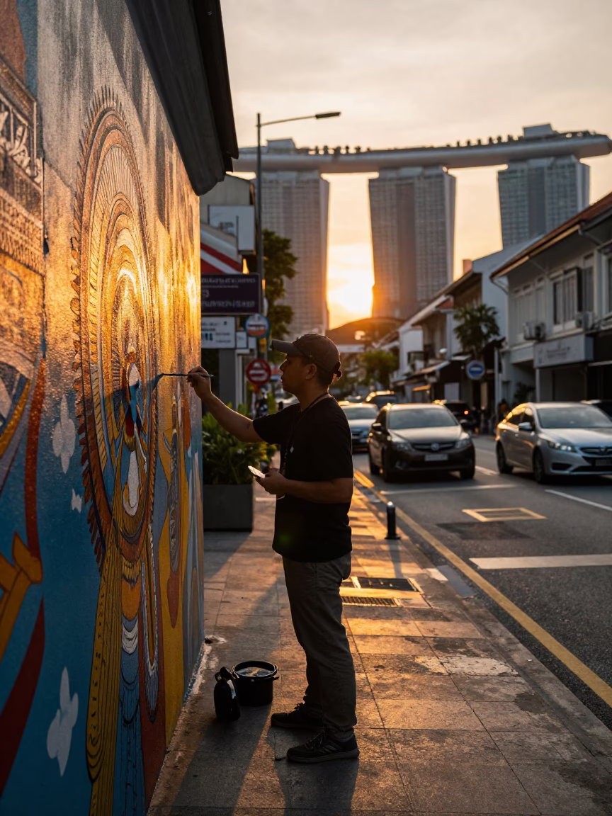 Sunset Street Scene in Singapore with Artist Painting Mural and Yellow Taxi in in Singapore, Singapore