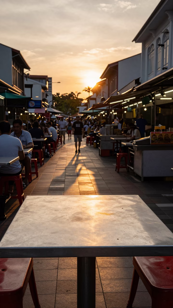 Sunset Street Scene in Singapore with Brushed Steel Tabletop and Climbing Jasmine in in Singapore, Singapore