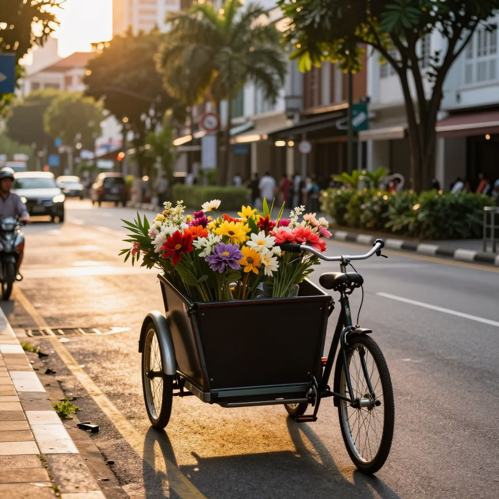 Sunset Street Scene in Singapore with Cargo Bicycle and Floral Market in in Singapore, Singapore