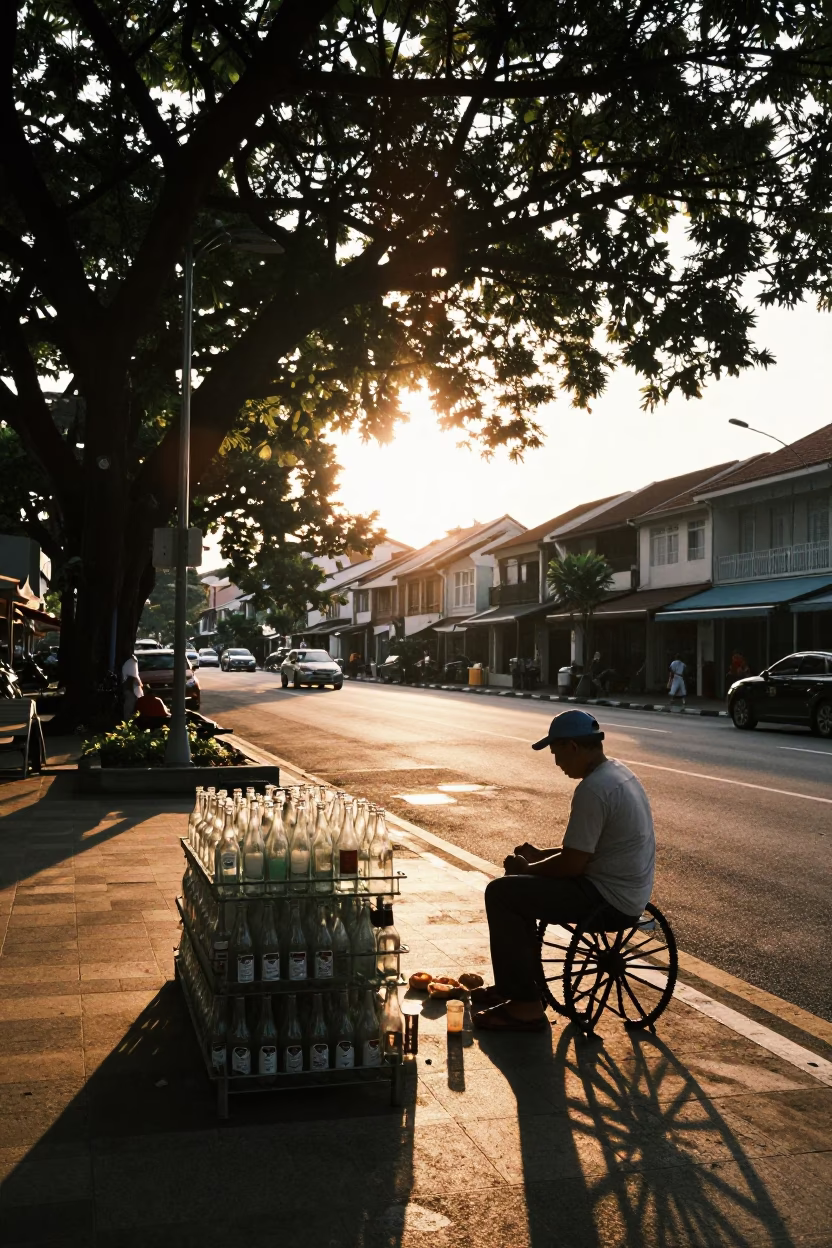 Sunset Street Scene in Singapore with Glass Bottles and Spindle Chair in in Singapore, Singapore