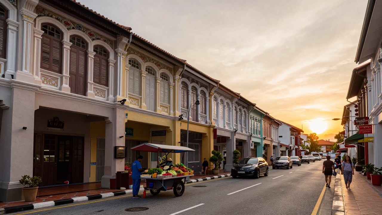 Sunset Street Scene in Singapore with Traditional Shopfronts and Pedestrians in in Singapore, Singapore