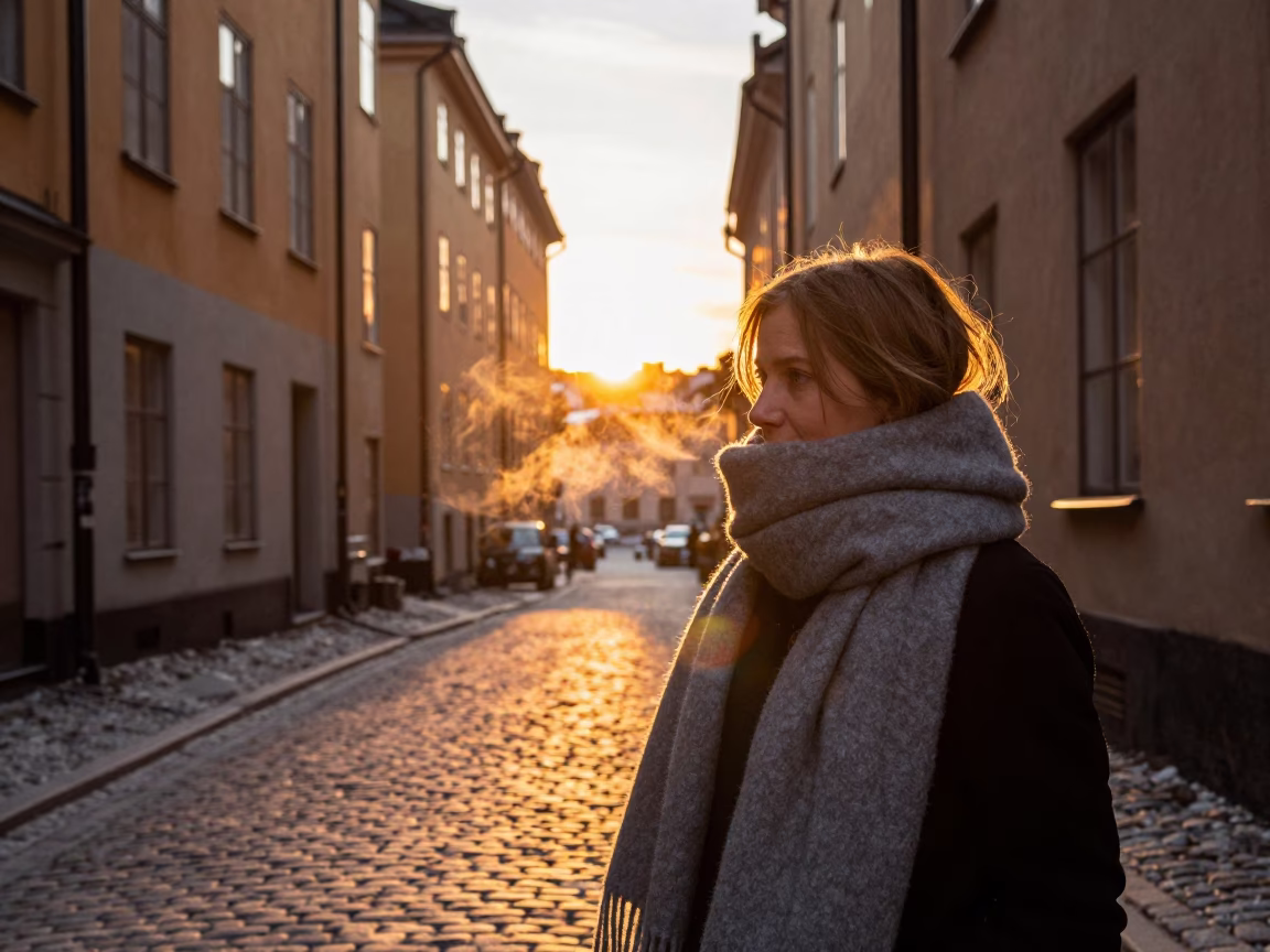 Sunset Street Scene in Stockholm Sweden with Scarf and Urban Details in in Stockholm, Sweden