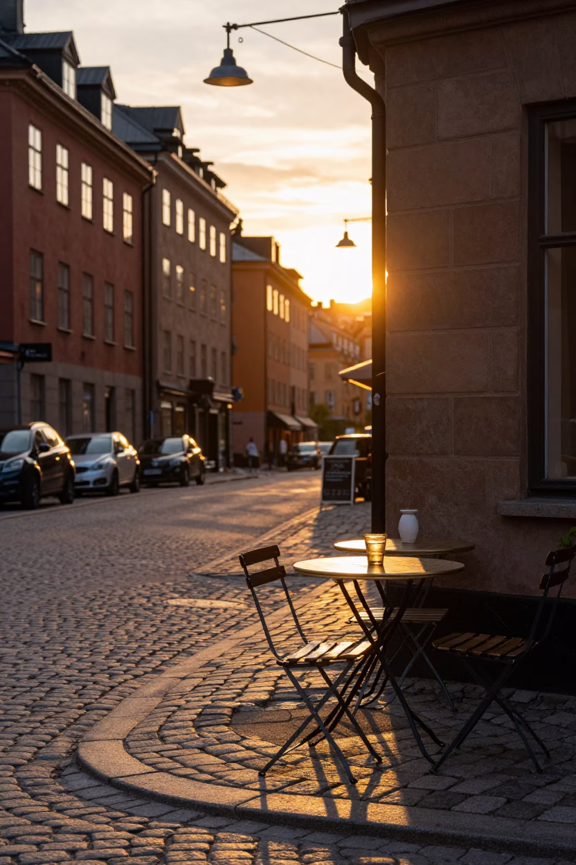 Sunset Street Scene in Stockholm Sweden with Trivet and Drinking Vessel on Cafe Table in in Stockholm, Sweden