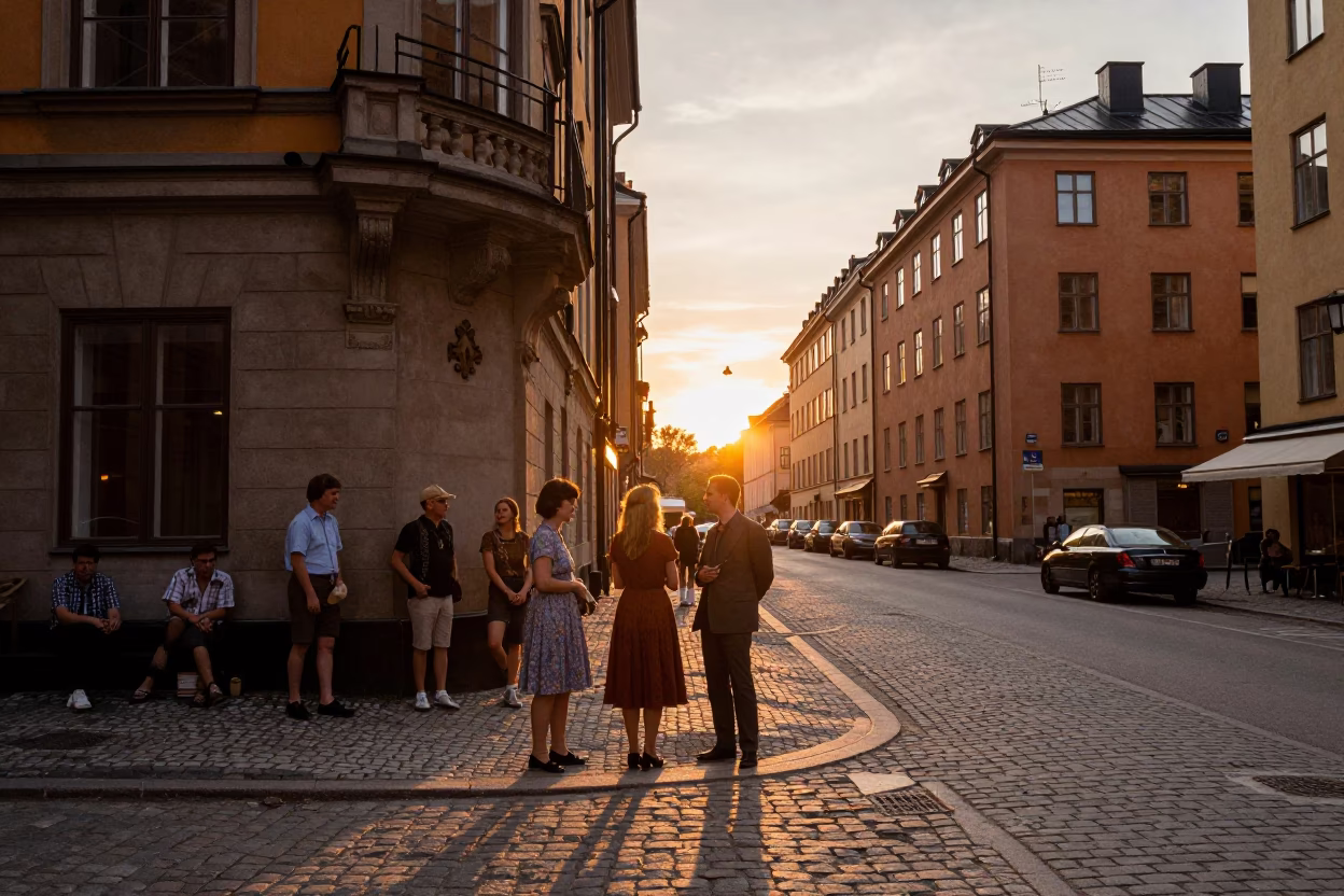 Sunset Street Scene in Stockholm Sweden with Vintage 1960s Atmosphere in in Stockholm, Sweden