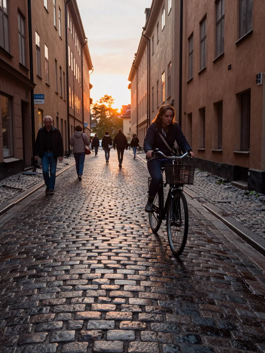 Sunset Street Scene in Stockholm Sweden with Vintage Bicycle and Cobblestone Alleyway in in Stockholm, Sweden