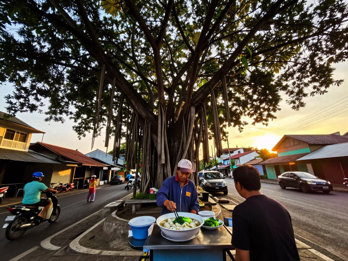 Sunset Street Scene in Surabaya Indonesia with Banyan Tree and Local Vendor in in Surabaya, Indonesia