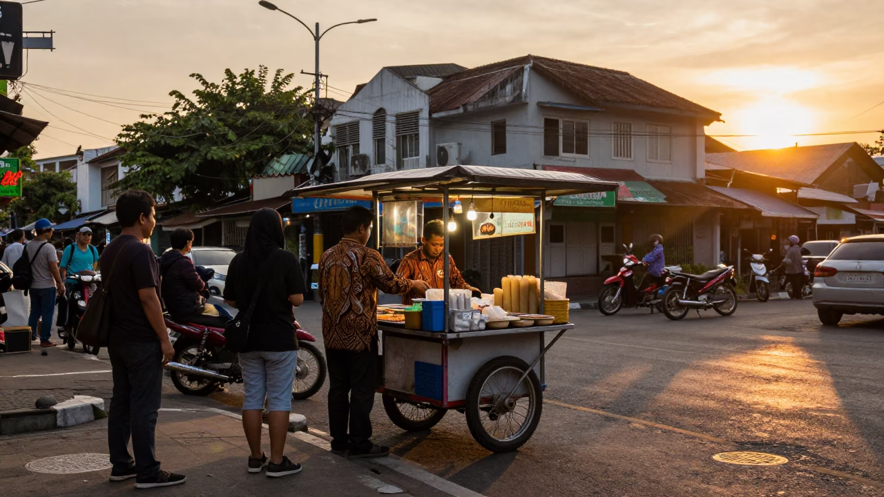 Sunset Street Scene in Surabaya Indonesia with Local Food Vendor and Traditional Architecture in in Surabaya, Indonesia
