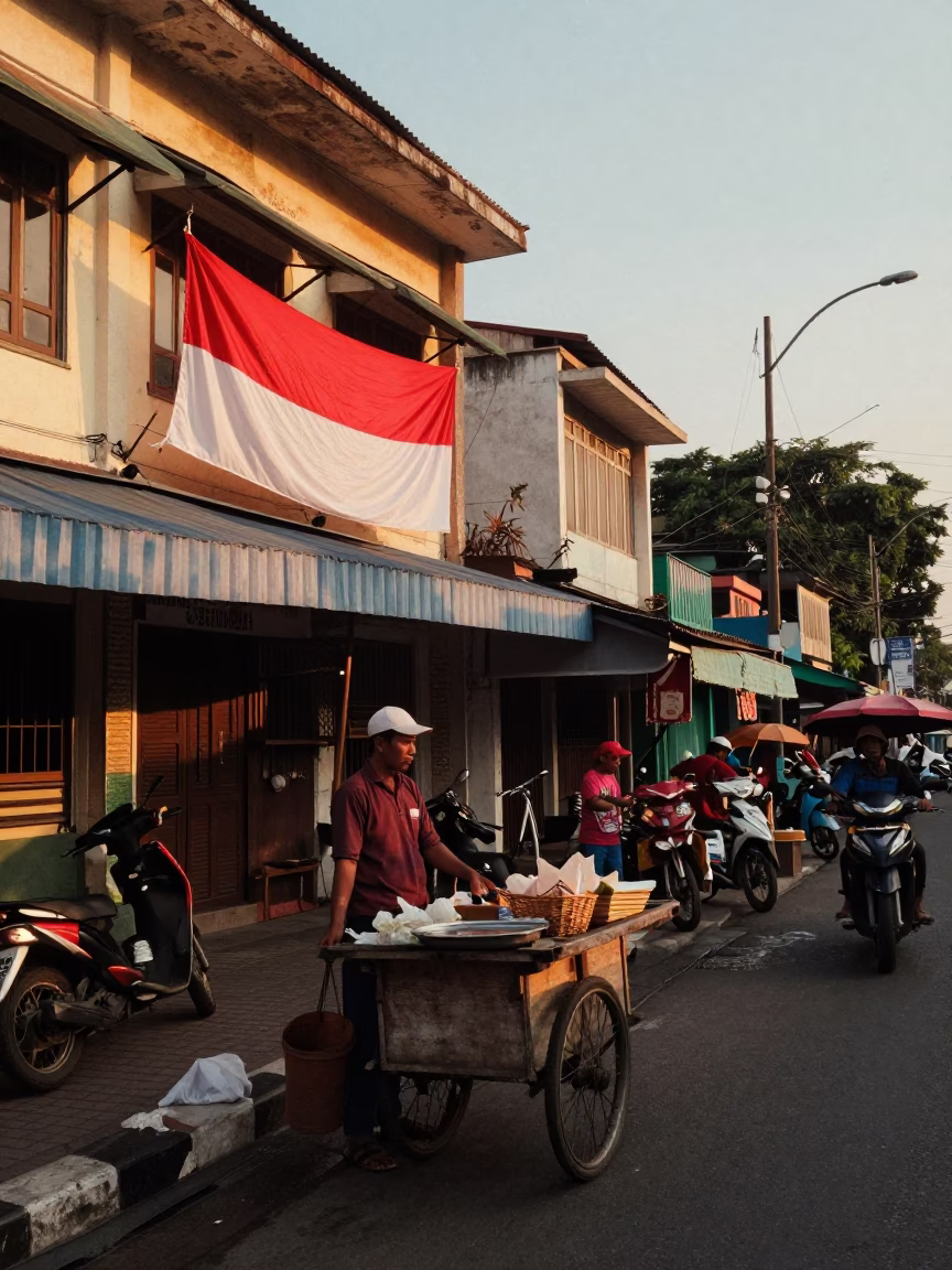 Sunset Street Scene in Surabaya Indonesia with Local Vendor and Everyday Objects in in Surabaya, Indonesia