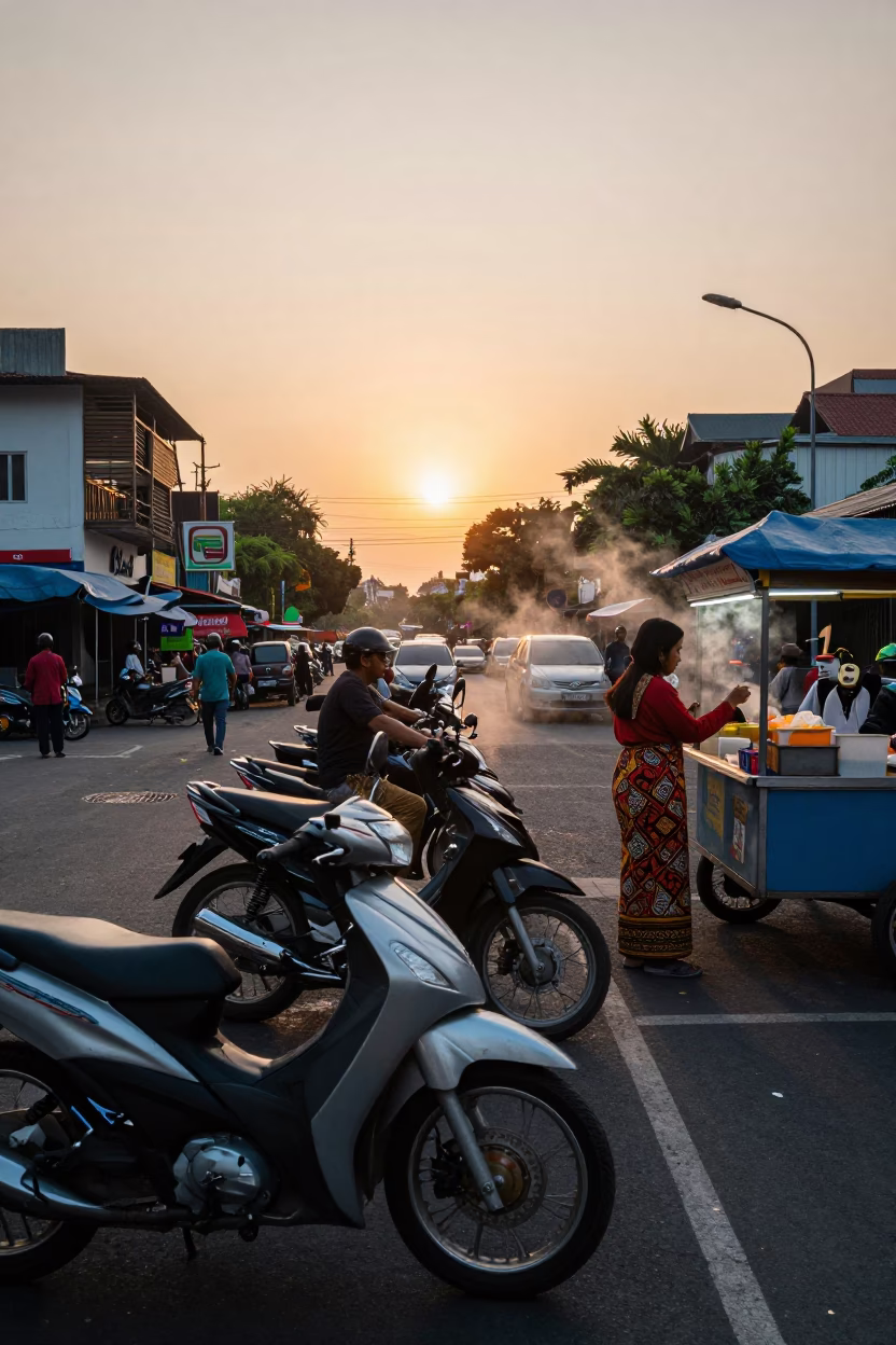 Sunset Street Scene in Surabaya Indonesia with Motorbikes and Local Commerce in in Surabaya, Indonesia