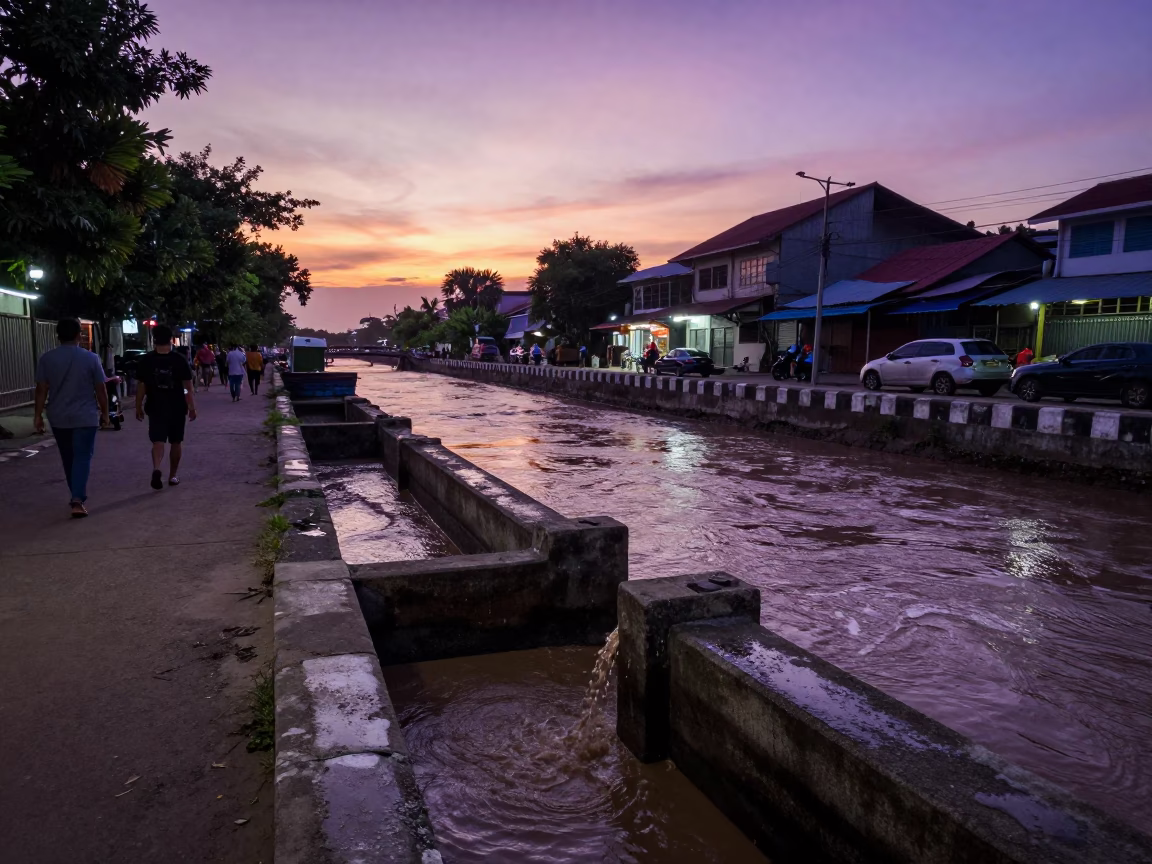 Sunset Street Scene in Surabaya Indonesia with Muddy Canal and Sluice Gate in in Surabaya, Indonesia
