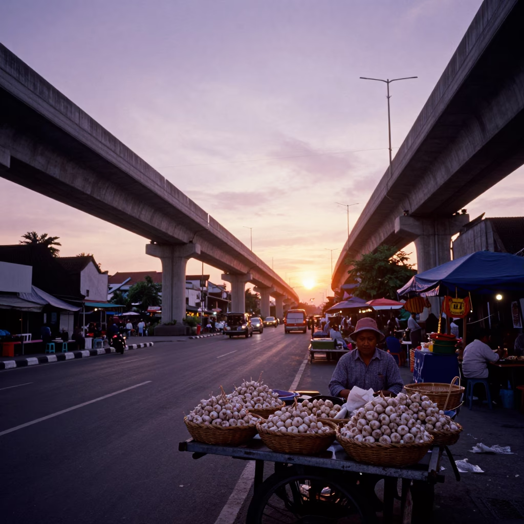 Sunset street scene in Surabaya Indonesia with overpass and local market activity in in Surabaya, Indonesia