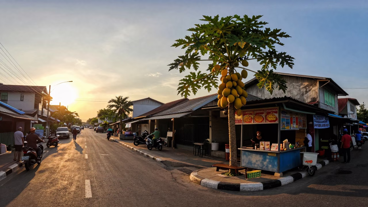 Sunset Street Scene in Surabaya Indonesia with Papaya Tree and Local Vendor in in Surabaya, Indonesia