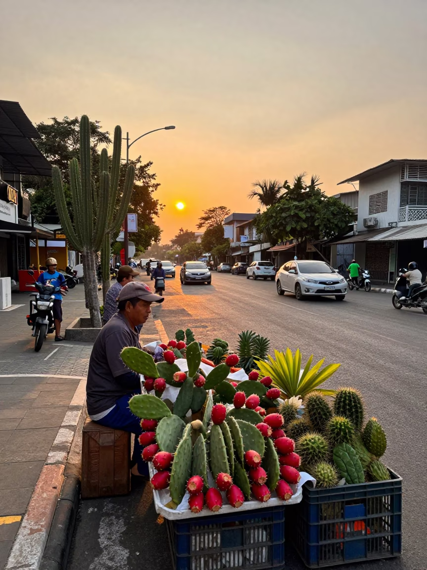 Sunset Street Scene in Surabaya Indonesia with Prickly Pear Cactus and Local Market Activity in in Surabaya, Indonesia