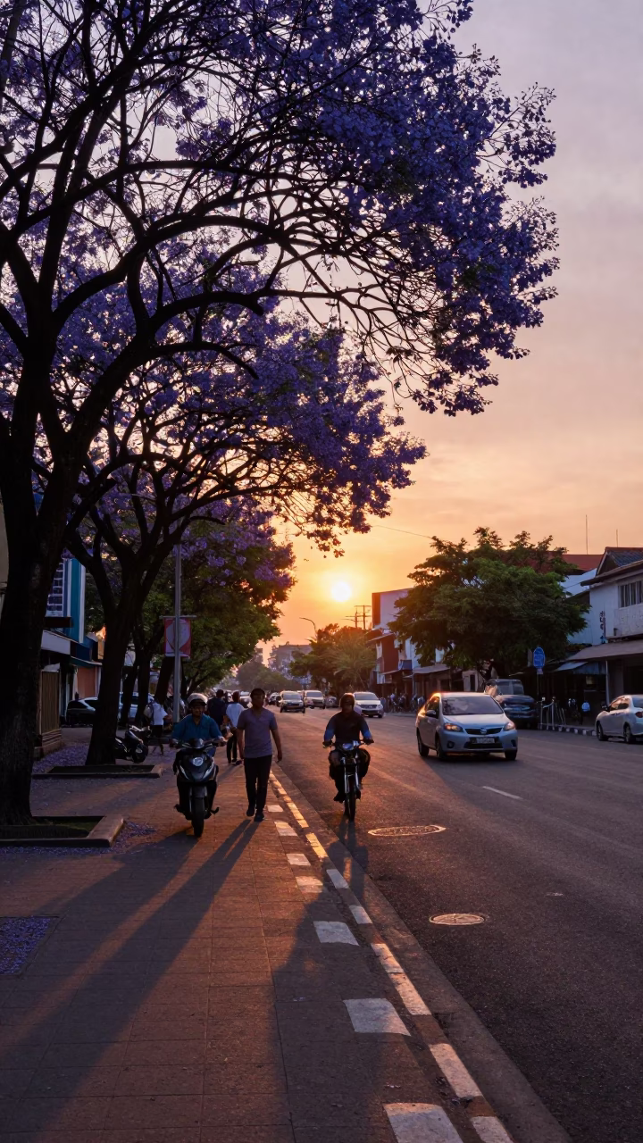 Sunset Street Scene in Surabaya Indonesia with Purple Jacaranda Blooms in in Surabaya, Indonesia