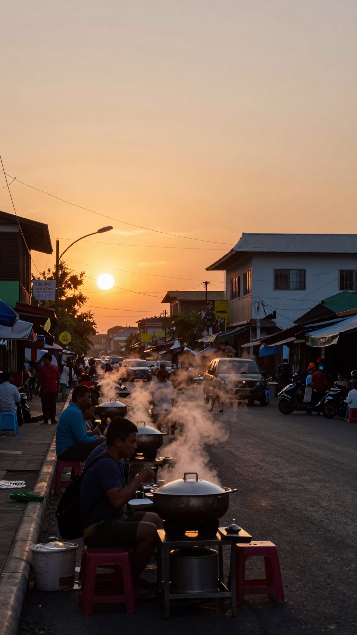 Sunset Street Scene in Surabaya Indonesia with Steaming Hotpot and Local Dining in in Surabaya, Indonesia